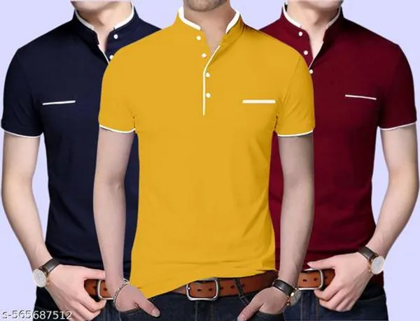 Lets_Shine_And_Handsome_Mandarin_Collar_Half_Sleeve_T_Shirt_For_Men_Used_For_Regular_Formal_Casual_Partywear_With_Combo_Pack_Of_3_Colour_Yellow_Mroon_Navyblue