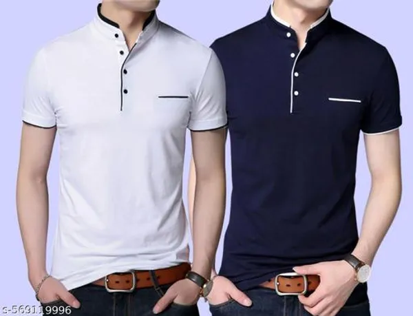Lets_Shine_And_Handsome_Mandarin_Collar_Half_Sleeve_T_Shirt_For_Men_Used_For_Regular_Formal_Casual_Partywear_With_Combo_Pack_Of_2_Colour_White_Navyblue