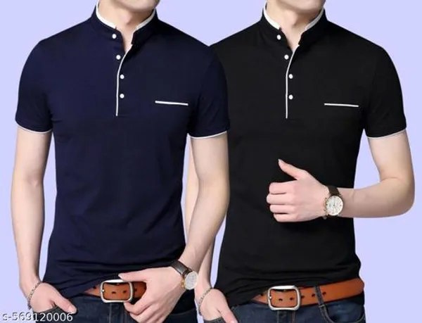 Lets_Shine_And_Handsome_Mandarin_Collar_Half_Sleeve_T_Shirt_For_Men_Used_For_Regular_Formal_Casual_Partywear_With_Combo_Pack_Of_2_Colour_Navyblue_Black
