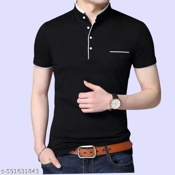 Black_Cotton_Half_Sleeve_Mandarin_Collar_T-Shirt_For_Men
