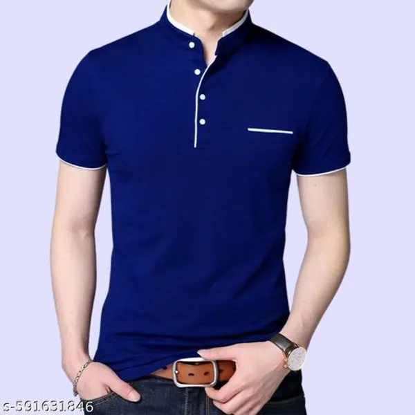 Lets_Shine_Pack_Of_1_Stylish_Men_S_Half_Sleeve_Mandarin_Collar_T_Shirt_Colour_Blue