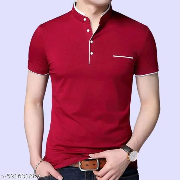 Red_Cotton_Mandarin_Collar_Half_Sleeve_T-Shirt_For_Men