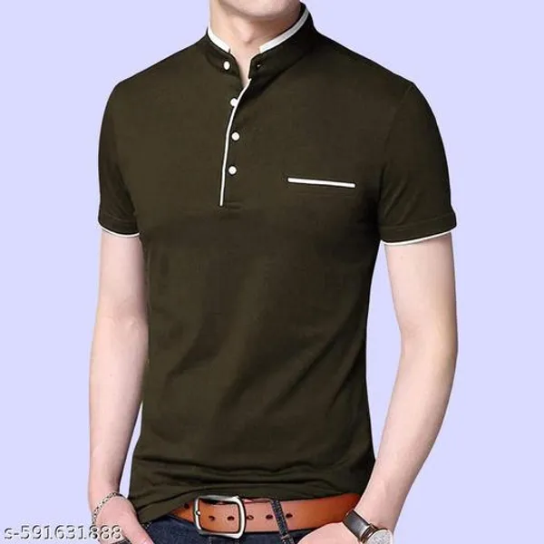 Lets_Shine_Pack_Of_1_Stylish_Men_S_Half_Sleeve_Mandarin_Collar_T_Shirt_Colour_Olive