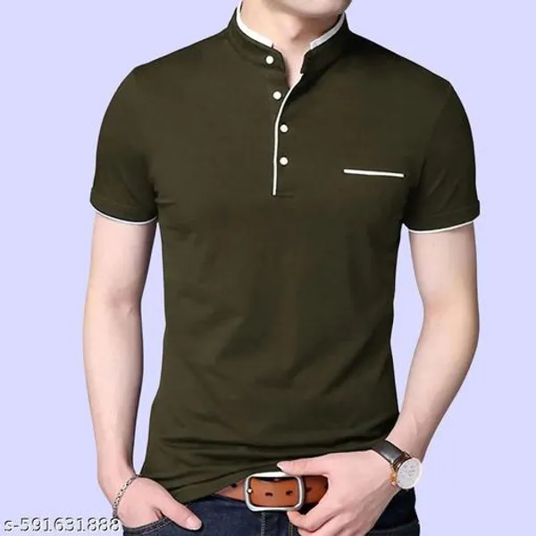 Lets_Shine_Pack_Of_1_Stylish_Men_S_Half_Sleeve_Mandarin_Collar_T_Shirt_Colour_Olive