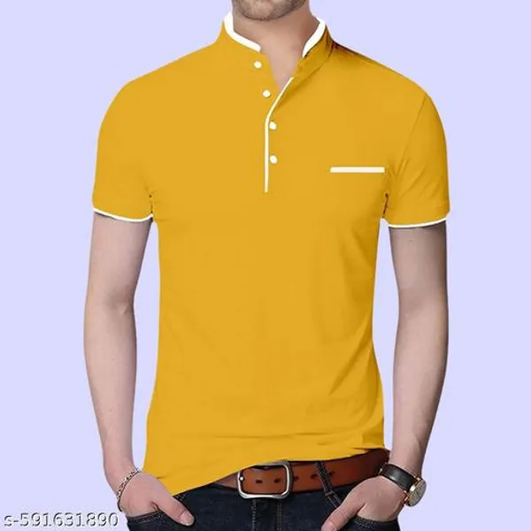Yellow_Cotton_Mandarin_Collar_Half_Sleeve_T_Shirt_For_Men