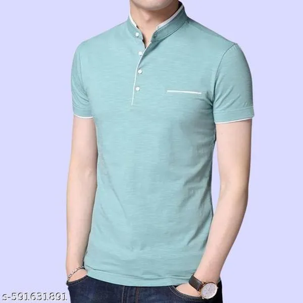 Sea_Green_Cotton_Mandarin_Collar_Half_Sleeve_T-Shirt_For_Men