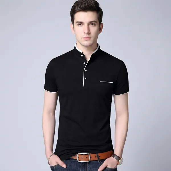 Black_Cotton_Half_Sleeve_Mandarin_Collar_T-Shirt_For_Men