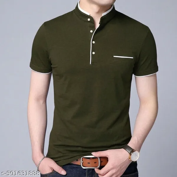 Lets_Shine_Pack_Of_1_Stylish_Men_S_Half_Sleeve_Mandarin_Collar_T_Shirt_Colour_Olive