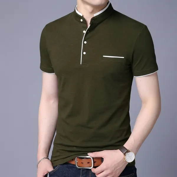 Lets_Shine_Pack_Of_1_Stylish_Men_S_Half_Sleeve_Mandarin_Collar_T_Shirt_Colour_Olive