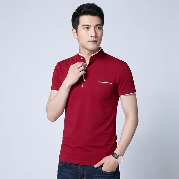 Red_Cotton_Mandarin_Collar_Half_Sleeve_T-Shirt_For_Men