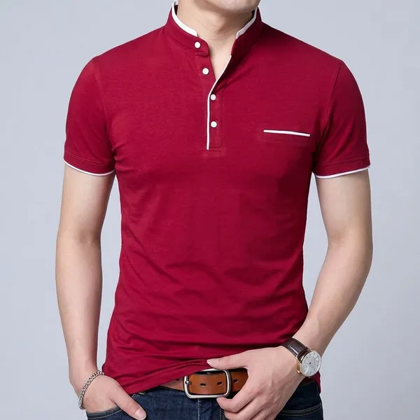Red_Cotton_Mandarin_Collar_Half_Sleeve_T-Shirt_For_Men