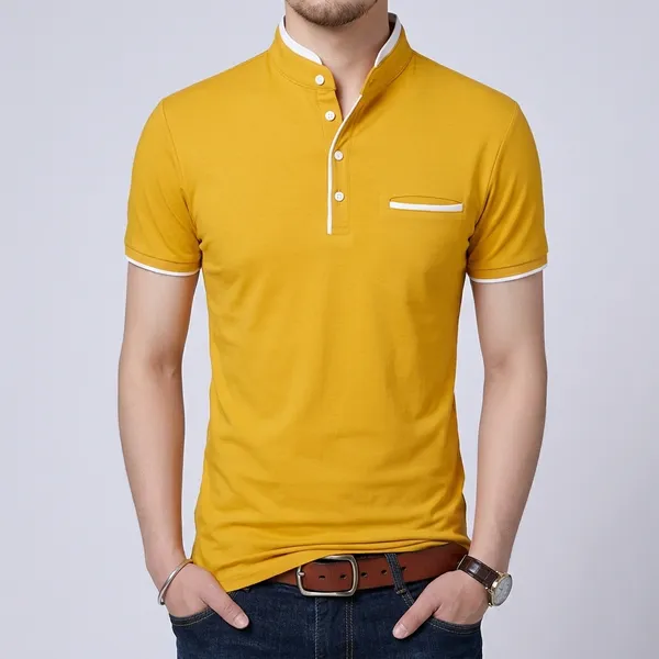 Yellow_Cotton_Mandarin_Collar_Half_Sleeve_T_Shirt_For_Men