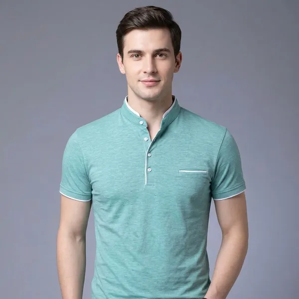 Sea_Green_Cotton_Mandarin_Collar_Half_Sleeve_T-Shirt_For_Men