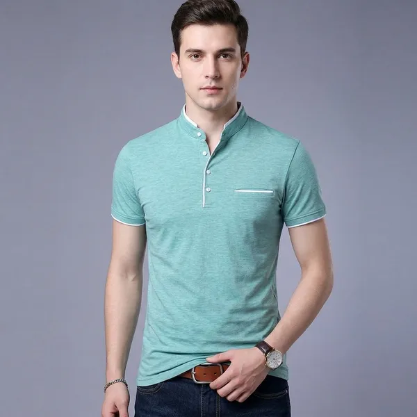 Sea_Green_Cotton_Mandarin_Collar_Half_Sleeve_T-Shirt_For_Men
