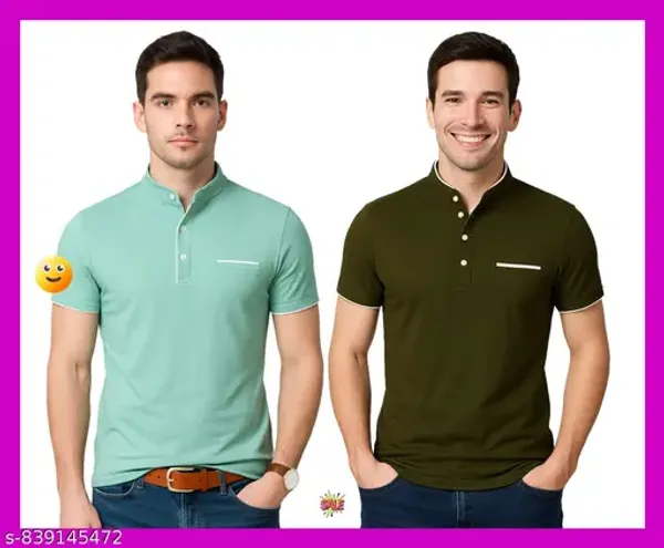 Men_Solid_Mandarin_Collar_T_Shirt_Pack_Of_2_Half_Sleeve_Stylish_Casual_Slim_Fit_T_Shirts_For_Men_Colour_Seagreen_Olive