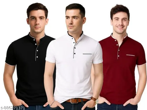 Lets_Shine_Men_Solid_Mandarin_Collar_T_Shirt_Pack_Of_3_Half_Sleeve_Stylish_Casual_Slim_Fit_T_Shirts_For_Men_Colour_Black_White_Mroon