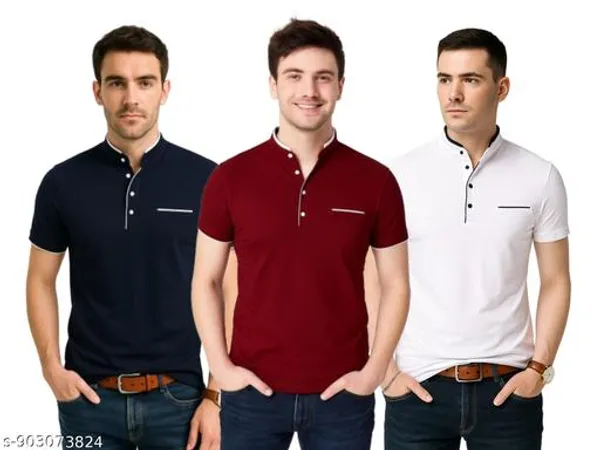Lets_Shine_Men_Solid_Mandarin_Collar_T_Shirt_Pack_Of_3_Half_Sleeve_Stylish_Casual_Slim_Fit_T_Shirts_For_Men_Colour_Navyblue_Mroon_White