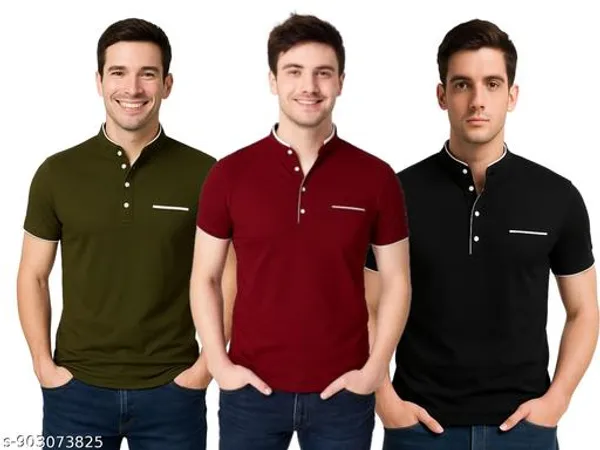 Men_Solid_Mandarin_Collar_T_Shirt_Pack_Of_3_Half_Sleeve_Stylish_Casual_Slim_Fit_T_Shirts_For_Men_Colour_Olive_Mroon_Black