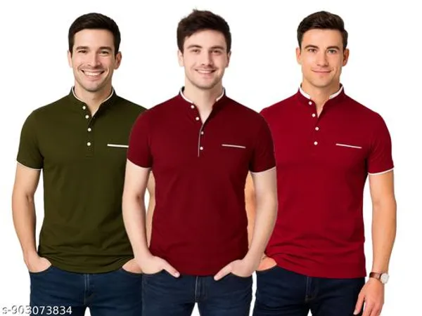 Men_Solid_Mandarin_Collar_T_Shirt_Pack_Of_3_Half_Sleeve_Stylish_Casual_Slim_Fit_T_Shirts_For_Men_Colour_Olive_Mroon_Red