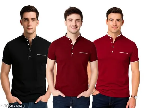 Men_Solid_Mandarin_Collar_T_Shirt_Pack_Of_3_Half_Sleeve_Stylish_Casual_Slim_Fit_T_Shirts_For_Men_Colour_Black_Mroon_Red