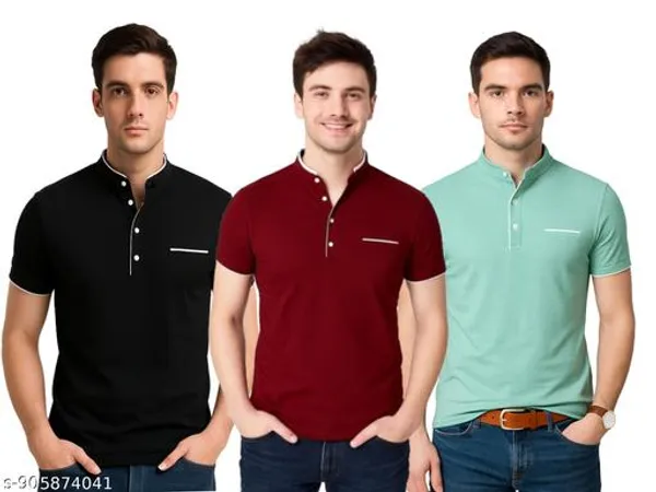Lets_Shine_Men_Solid_Mandarin_Collar_T_Shirt_Pack_Of_3_Half_Sleeve_Stylish_Casual_Slim_Fit_T_Shirts_For_Men_Colour_Black_Mroon_Seagreen