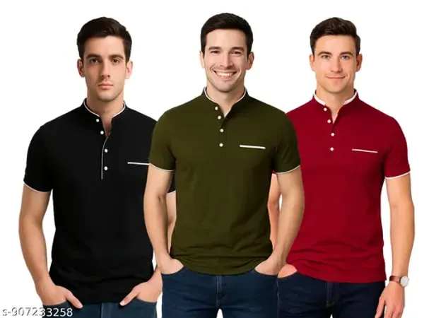 Men_Solid_Mandarin_Collar_T_Shirt_Pack_Of_3_Half_Sleeve_Stylish_Casual_Slim_Fit_T_Shirts_For_Men_Colour_Black_Olive_Red