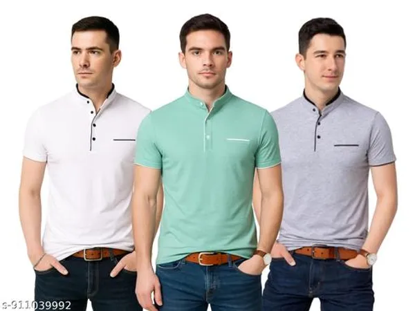 White_Seagreen_Grey_Cotton_Slim_Fit_Mandarin_Collar_T_Shirt_For_Men_Pack_Of_3