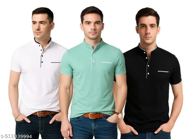White_Seagreen_Black_Cotton_Slim_Fit_Mandarin_Collar_T_Shirt_For_Men_Pack_Of_3