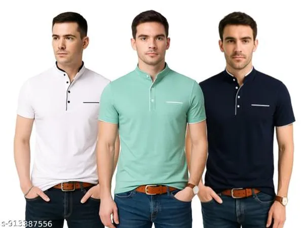 White_Sea_Green_Navy_Blue_Cotton_Slim_Fit_T-Shirt_Pack_Of_3_For_Men