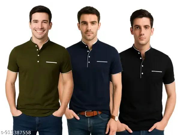 Men_Solid_Mandarin_Collar_T_Shirt_Pack_Of_3_Half_Sleeve_Stylish_Casual_Slim_Fit_T_Shirts_For_Men_Colour_Olive_Navyblue_Black
