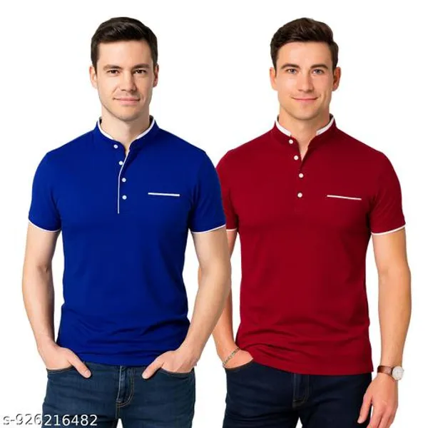 Lets_Shine_And_Handsome_Mandarin_Collar_Half_Sleeve_T_Shirt_For_Men_Used_For_Regular_Formal_Casual_Partywear_With_Combo_Pack_Of_2_Colour_Blue_And_Red