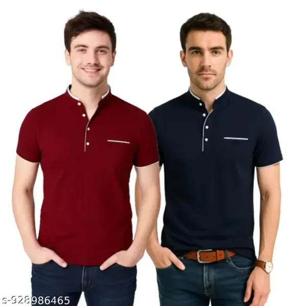 Men_Solid_Mandarin_Collar_T_Shirt_Pack_Of_2_Half_Sleeve_Stylish_Casual_Slim_Fit_T_Shirts_For_Men_Colour_Mroon_Navyblue