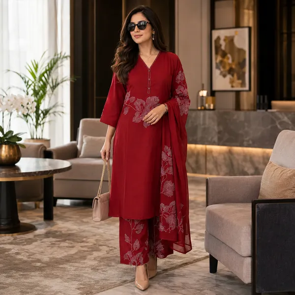 Red_Cotton_Kurti_Set_With_Dupatta_For_Women