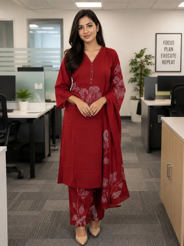 Red_Cotton_Kurti_Set_With_Dupatta_For_Women