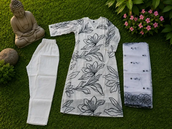 White_&_Black_Cotton_Kurti_Pant_Set_For_Women