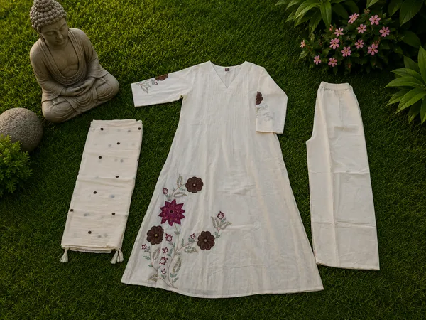 White_Cotton_V_Neck_Kurti_Set_For_Women
