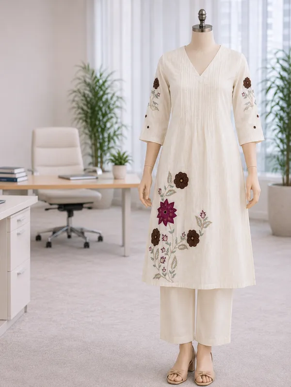 White_Cotton_V_Neck_Kurti_Set_For_Women