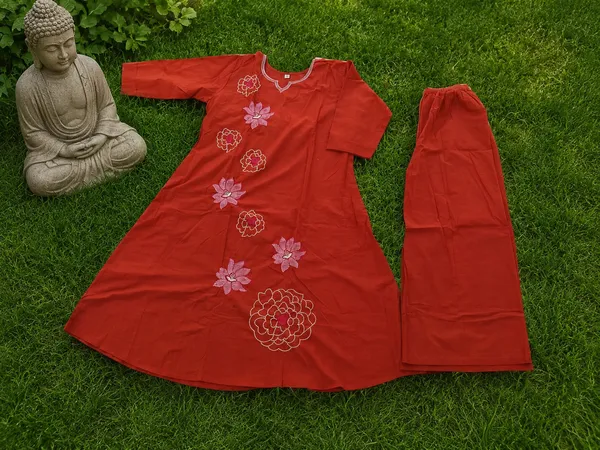 Red_Cotton_Kurti_Pant_Set_For_Women