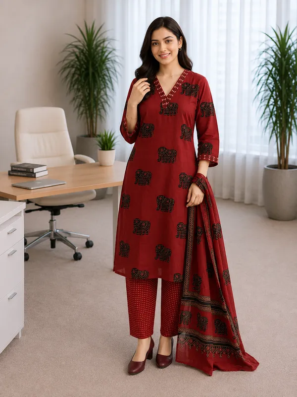 Dark_Red_Cotton_Printed_Kurti_Set_For_Women