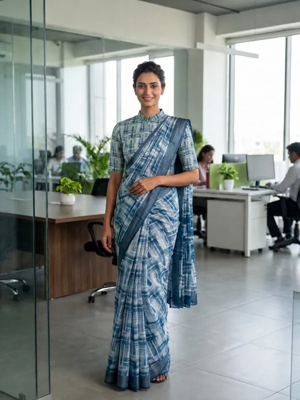 White_&_Blue_Cotton_Border_Saree_For_Women