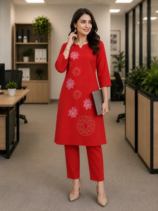 Red_Cotton_Kurti_Pant_Set_For_Women