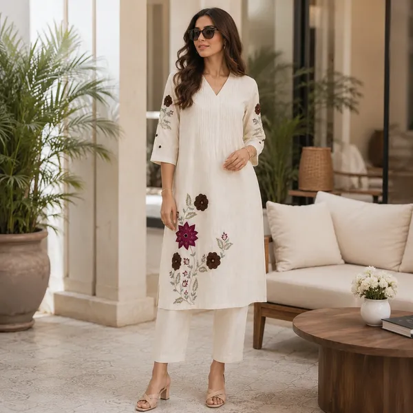 White_Cotton_V_Neck_Kurti_Set_For_Women