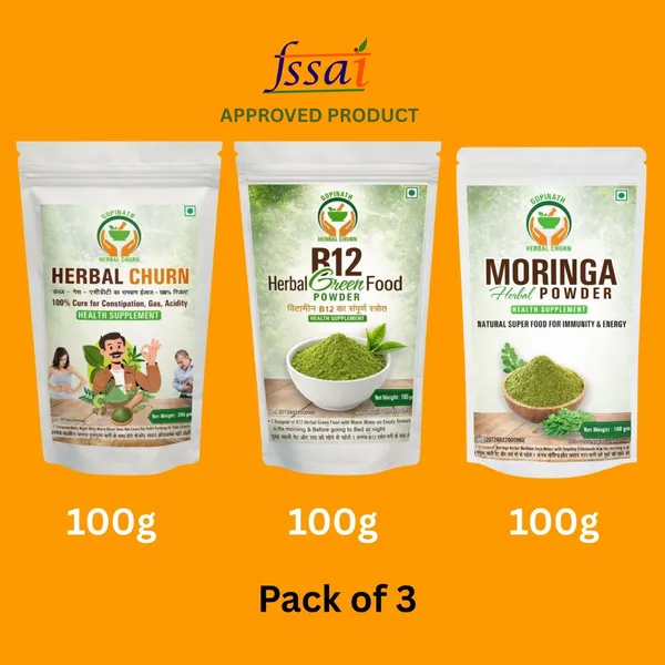 HERBAL_CHURN-MORINGA-B12_Green_Food_Powder_100gm__Pack_of_3_Natural_Ayurvedic_Laxative_for_Constipation_Relief_|_Plant-Based_Herbal_Supplement,_Boosts_Energy_&_Digestion_Plant_Based_Vitamin_B12_Supplement_(HERBAL_B12GreenFood_Powder)_|_Vitamin_B1,_B2,_B3,_B6,_B9,C_&_A_|_Boost_Energy_Level,_Good_For_Digestion_&_Stress_Moringa_Powder_From_Pure_Drumstick_Leaves_|_Gives_Natural_Energy_&_Nutrients_For_Men_&_Women.