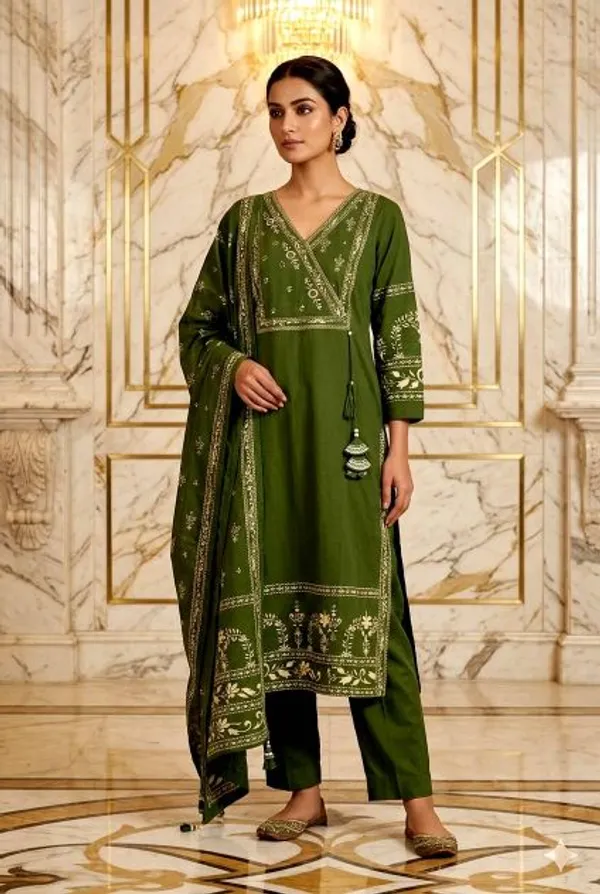 Green_Cotton_Embroidered_Kurti_Dupatta_For_Women
