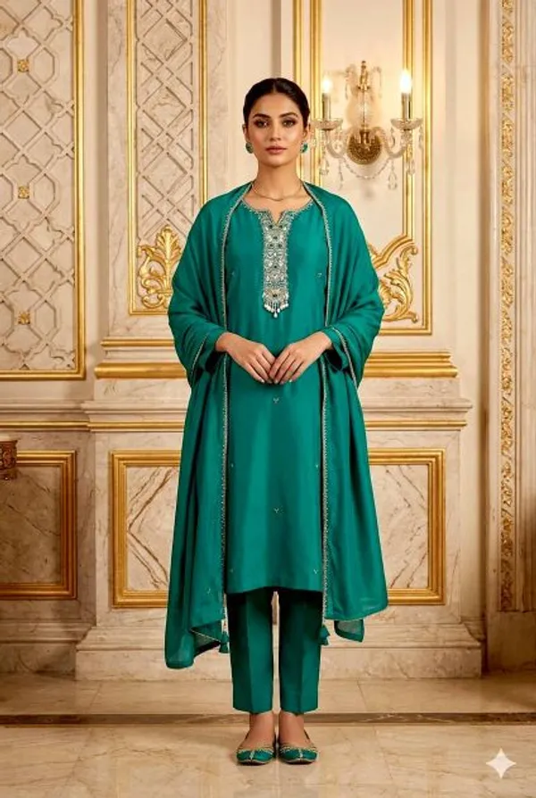 Turquoise_Roman_Silk_Embellished_Kurti_Dupatta_For_Women
