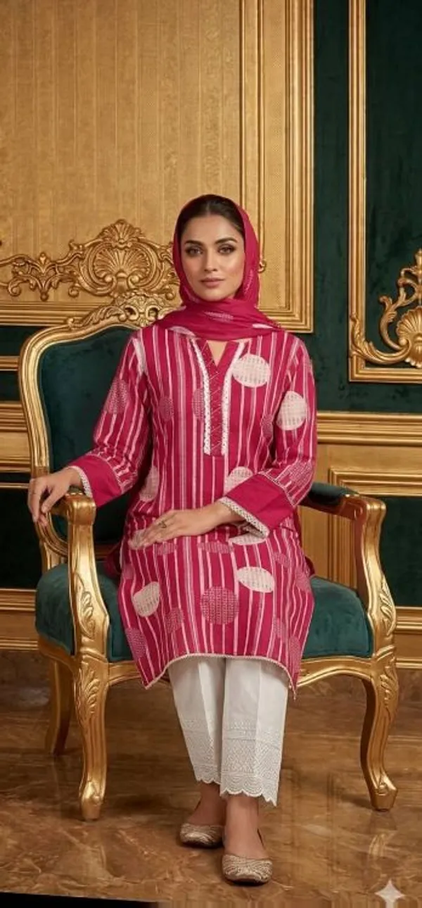 Pink_And_White_Cotton_Printed_Kurti_With_Dupatta_For_Women