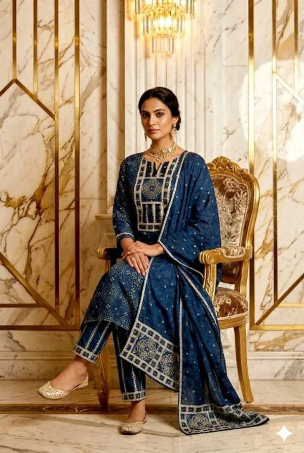 Blue_Cotton_Bandhani_Straight_Kurti_With_Dupatta_For_Women