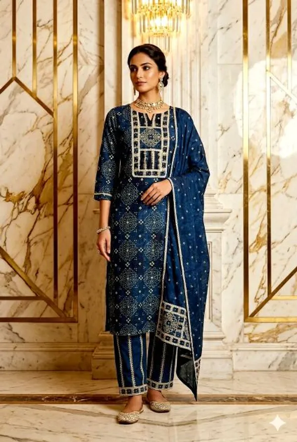 Blue_Cotton_Bandhani_Straight_Kurti_With_Dupatta_For_Women