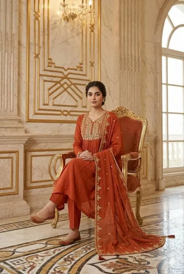 Rust_Orange_Chanderi_Embroidered_Kurti_Dupatta_For_Women