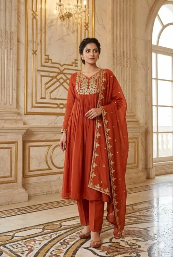 Rust_Orange_Chanderi_Embroidered_Kurti_Dupatta_For_Women